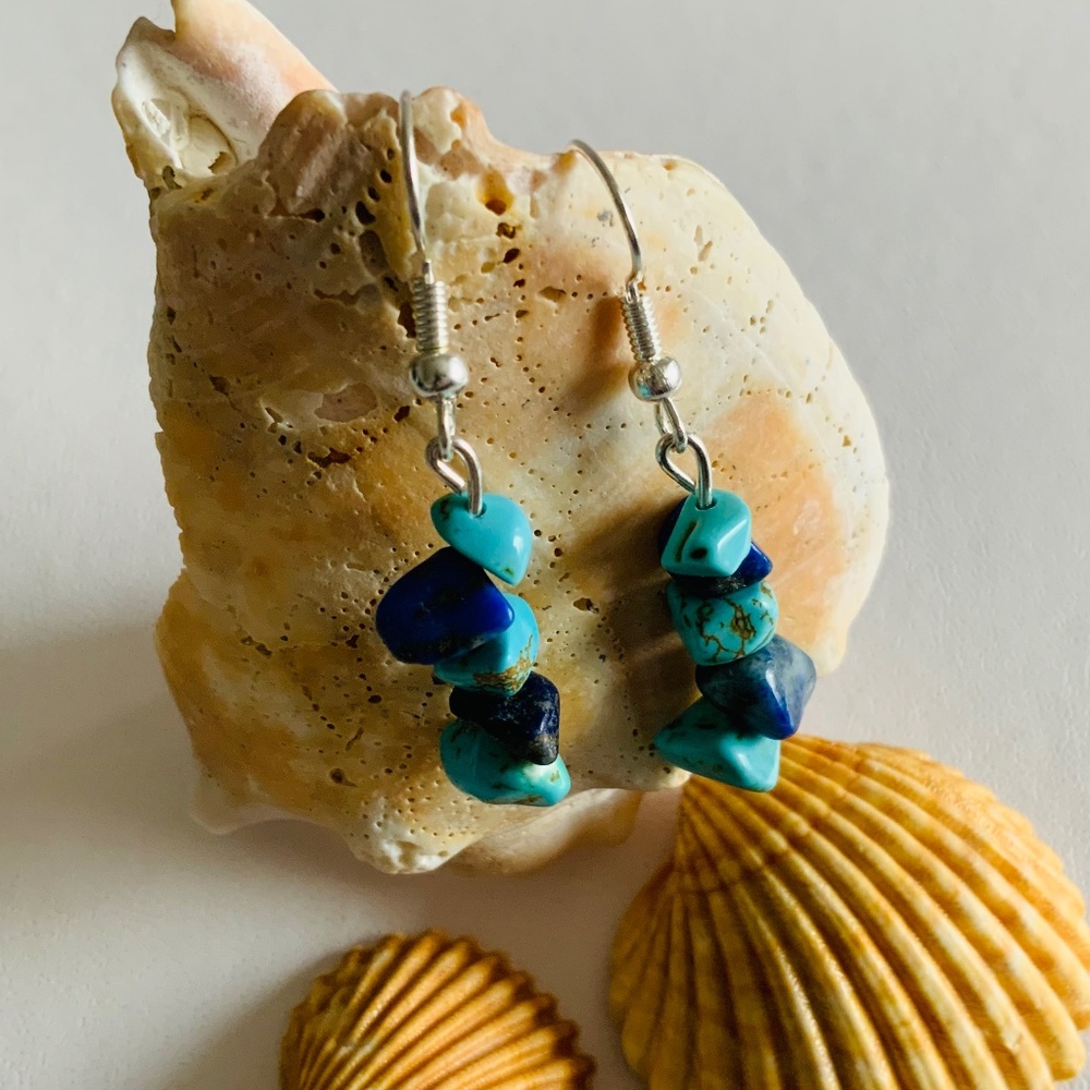 New Handmade Boho Gemstone Lapis and Howlite Dangle Earrings Silver Color Hooks